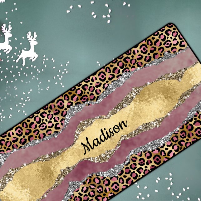 Elegant blush rose animal print glittery monogram desk mat (Creator Uploaded)
