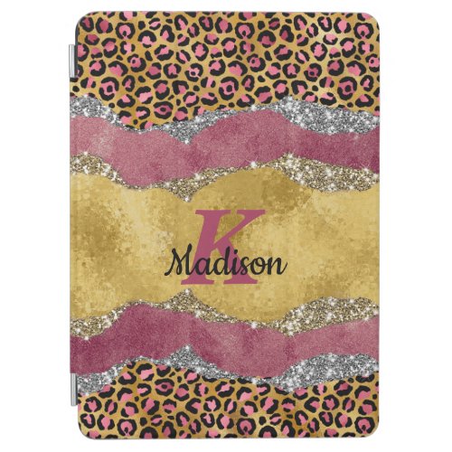 Elegant blush rose animal print glittery monogram iPad air cover