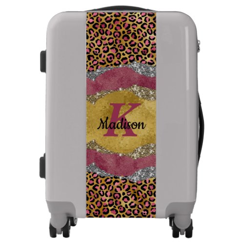 Elegant blush rose animal print glittery monogram luggage