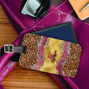 Elegant blush rose animal print glittery monogram luggage tag