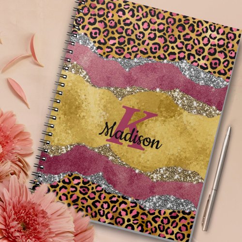 Elegant blush rose animal print glittery monogram notebook