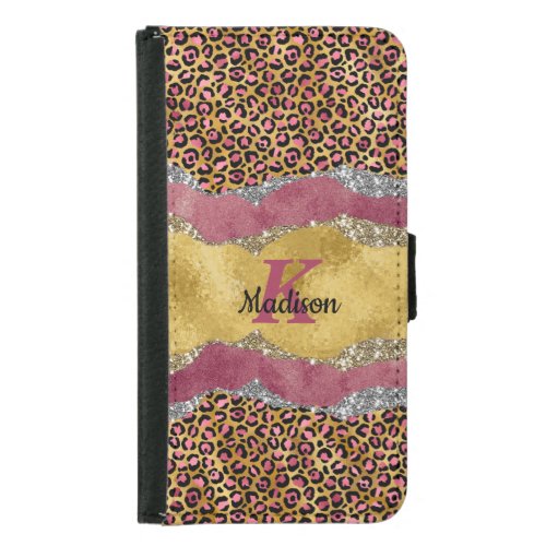 Elegant blush rose animal print glittery monogram  samsung galaxy s5 wallet case