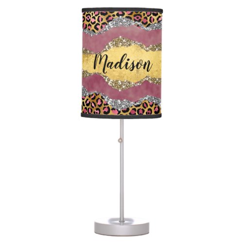 Elegant blush rose animal print glittery monogram table lamp