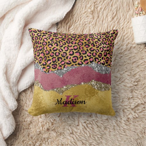 Elegant blush rose animal print glittery monogram throw pillow