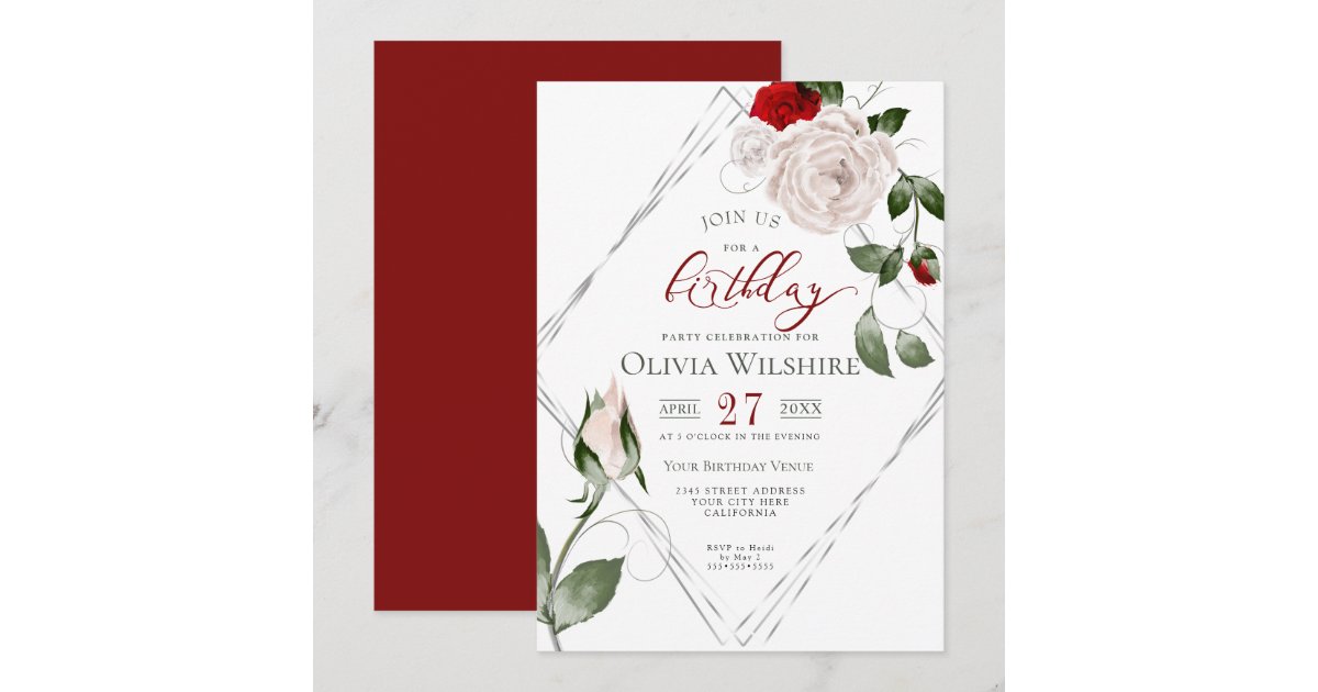 Elegant Blush Rose Birthday Silver Frame Invitation | Zazzle