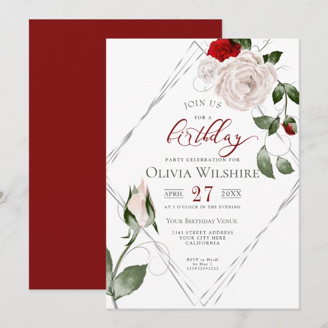 Elegant Blush Rose Birthday Silver Frame Invitation (Front/Back)