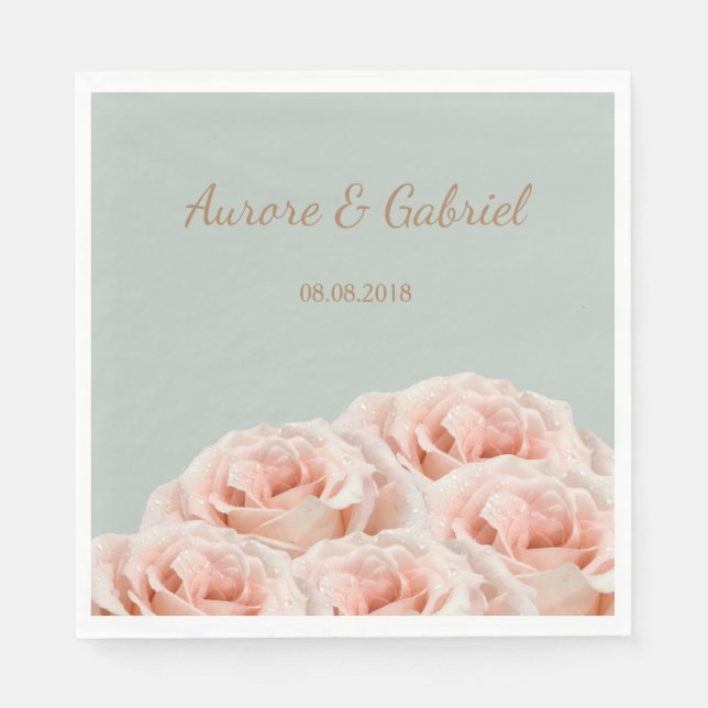 Elegant Blush Rose Bouquet Sage Gold Wedding Napkins (Front)