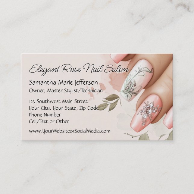 Elegant Blush Rose Crystal Manicure Nail Salon Business Card (Front)
