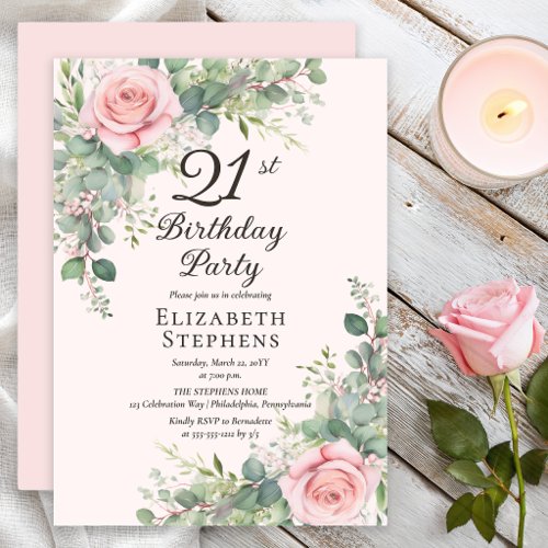 Elegant Blush Rose Eucalyptus 21st Birthday Party Invitation