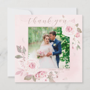 Elegant Blush Rose Floral Wedding Photo Thank You Card