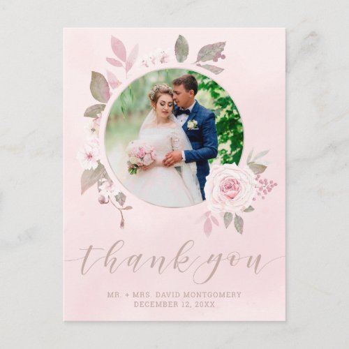 Elegant Blush Rose Floral Wedding Photo Thank You Postcard