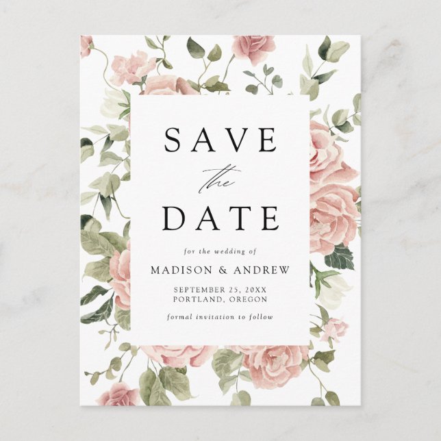 Elegant Blush Rose Garden Wedding Save the Date Announcement Postcard (Front)