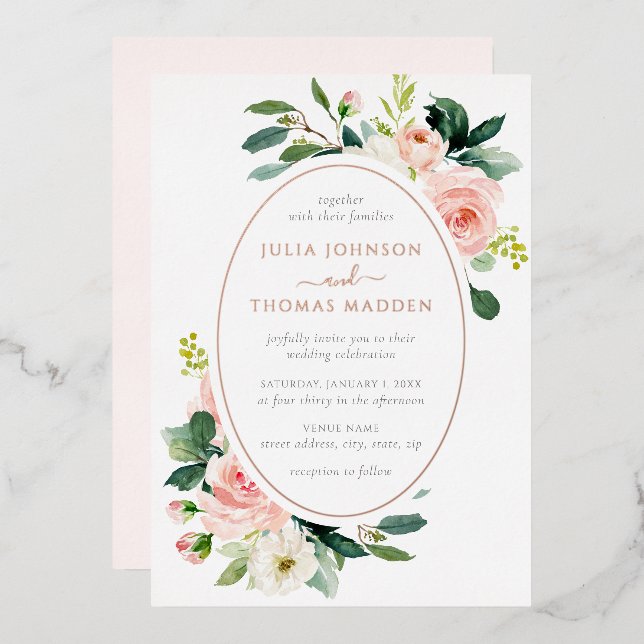 Elegant Blush Rose Gold Floral Wedding  Foil Invitation (Front/Back)