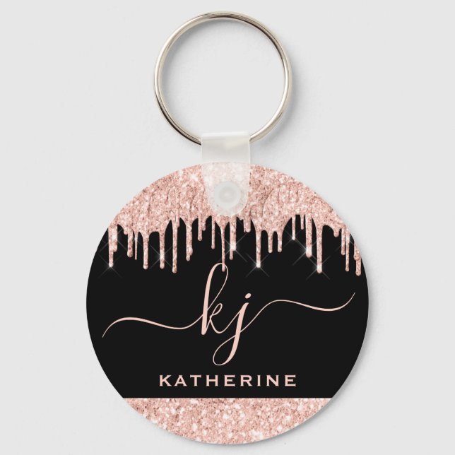 Elegant Blush Rose Gold Glitter Drips 2 Monogram  Keychain (Front)
