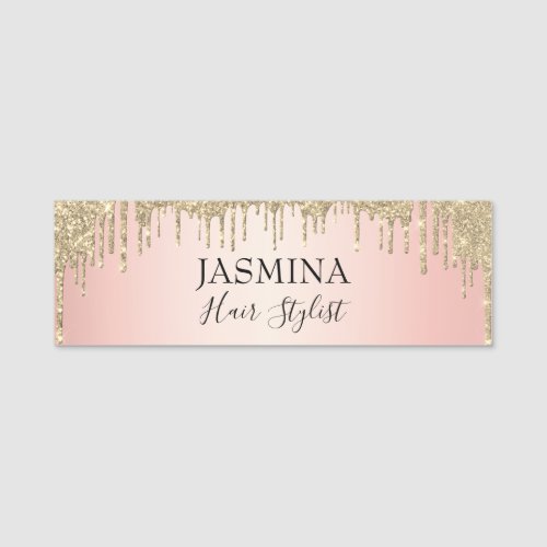 Elegant Blush Rose Gold Glitter Drips Girly Name Tag