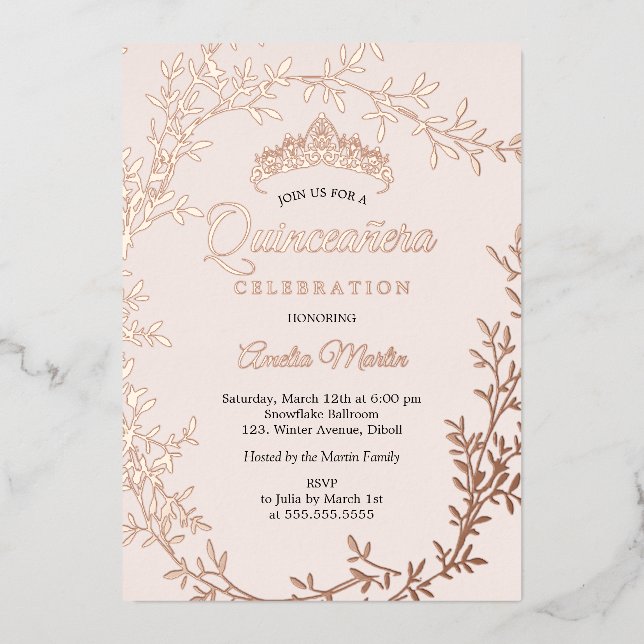 Elegant Blush Rose Gold Leaf Wreath Quinceanera Foil Invitation (Front)