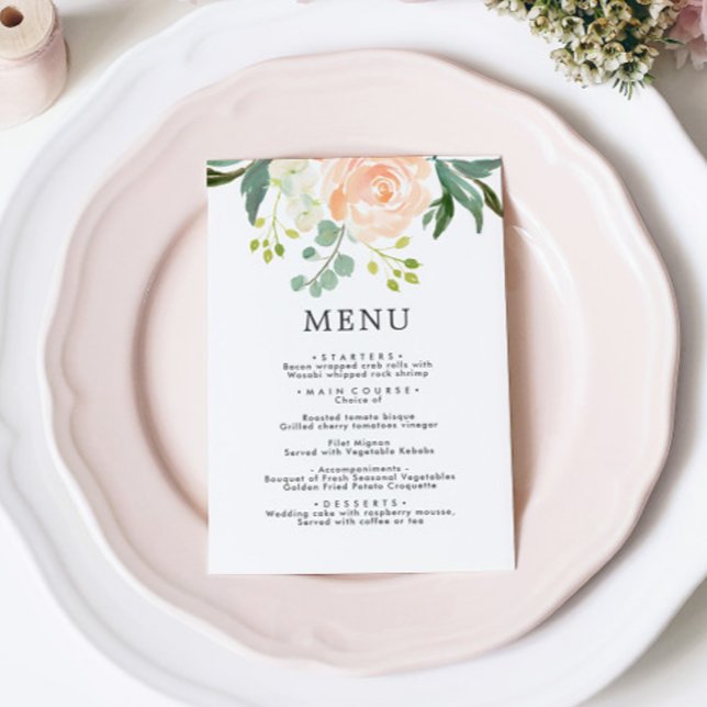Elegant Blush Rose & Greenery Floral Wedding Menu (Creator Uploaded)