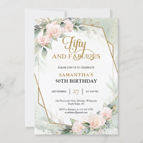 Elegant blush roses and eucalyptus and gold frame  invitation