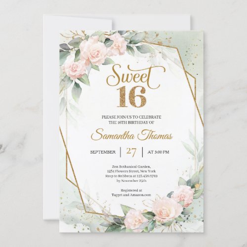 Elegant blush roses and eucalyptus gold glitter invitation