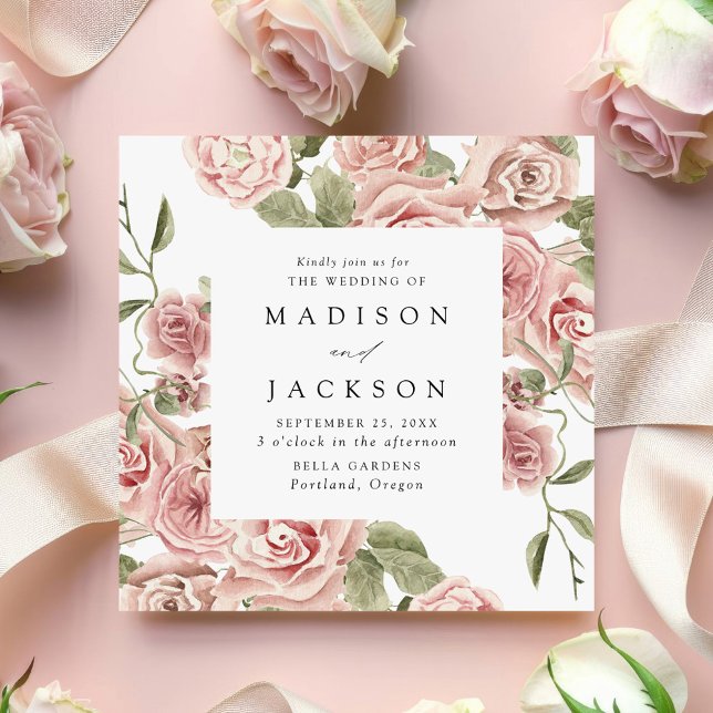 Elegant Blush Roses and Greenery Square Wedding Invitation (Creator Uploaded)