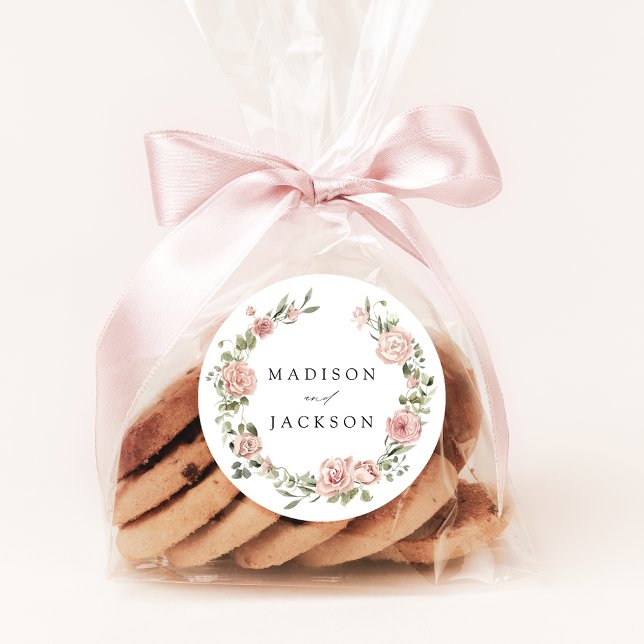 Elegant Blush Roses and Greenery Wedding Classic Round Sticker (Creator Uploaded)