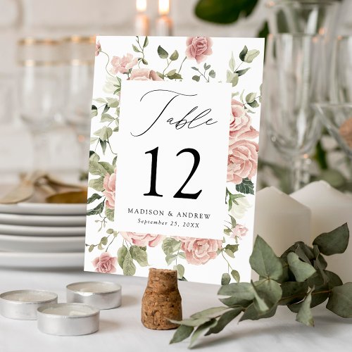 Elegant Blush Roses and Greenery Wedding Table Number