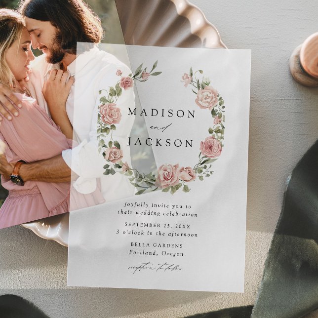 Elegant Blush Roses and Greenery Wreath Wedding Vellum Invitations (Creator Uploaded)