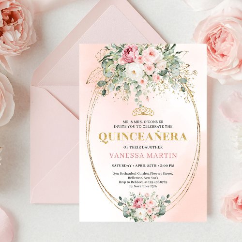 Elegant Blush Roses Boho Quinceañera Gold Invitati