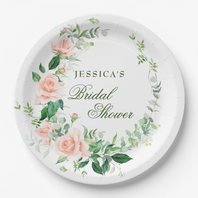 Elegant Blush Roses Floral Greenery Bridal Shower Paper Plates (Front)
