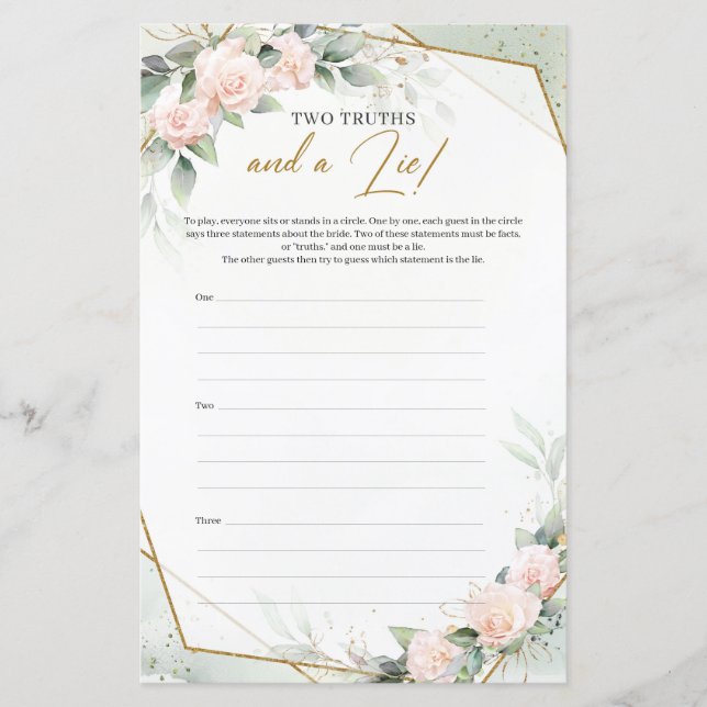 Elegant blush roses gold Two Truths And A Lie game (Front)