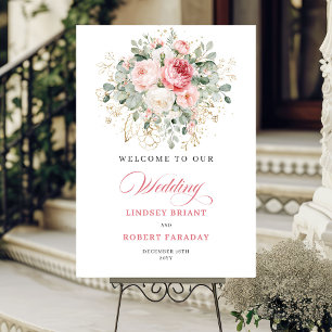 Elegant Blush Roses Gold Wedding Welcome Sign