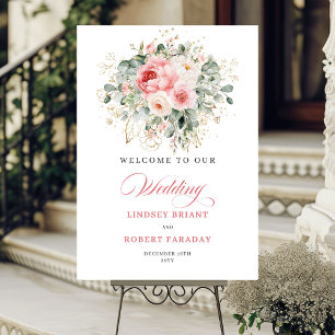 Elegant Blush Roses Gold Wedding Welcome Sign