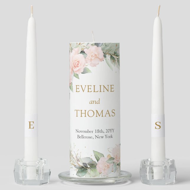Elegant blush roses green gold sparkles wedding unity candle set (Front)
