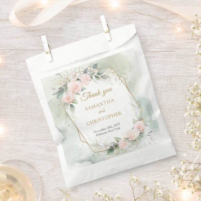 Elegant blush roses greenery and gold wedding favor bag (Clipped)