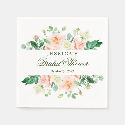 Elegant Blush Roses Greenery Bridal Shower Paper Napkins