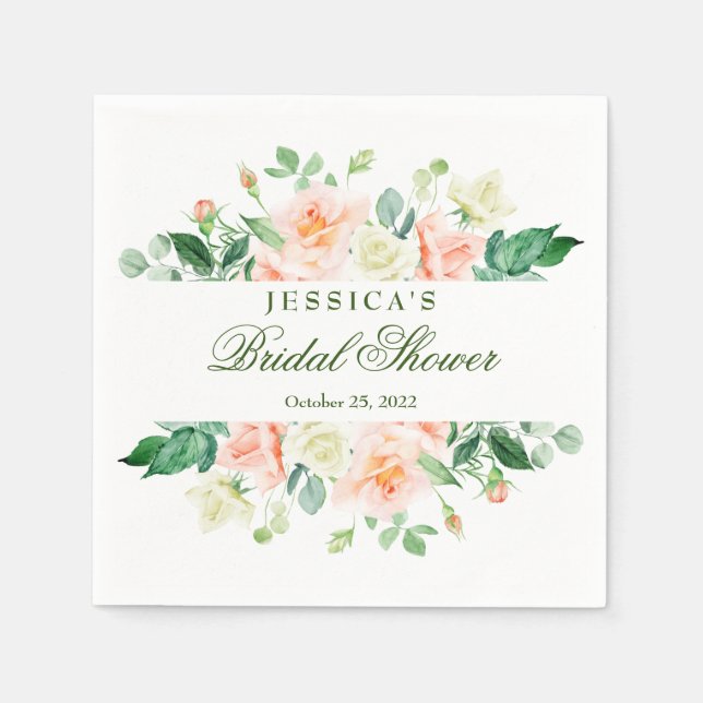 Elegant Blush Roses Greenery Bridal Shower Paper Napkins (Front)