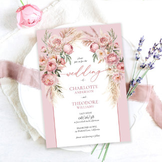 Elegant Blush Roses Pampas Grass Floral Wedding Invitation