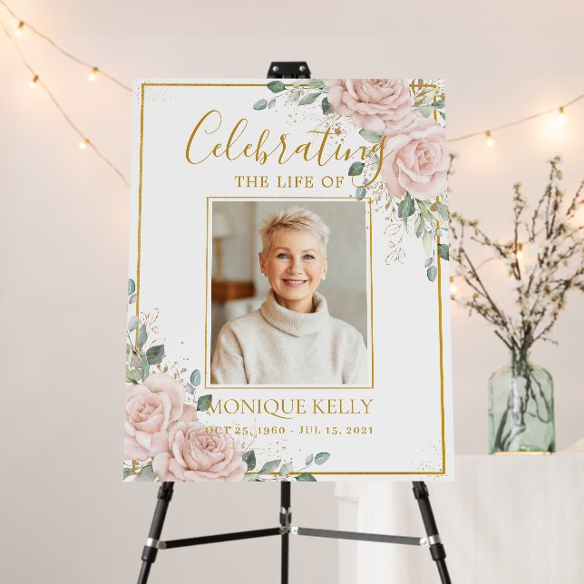 Elegant Blush Roses Picture Funeral Memorial  Foam Board (In Situ (Stand))