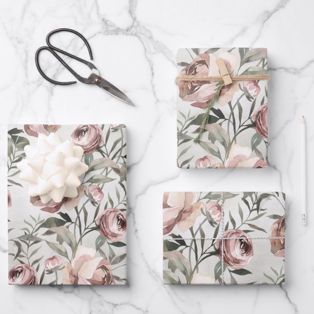 Elegant Blush Roses Ranunculus Vine Floral Wrapping Paper Sheets (Front)
