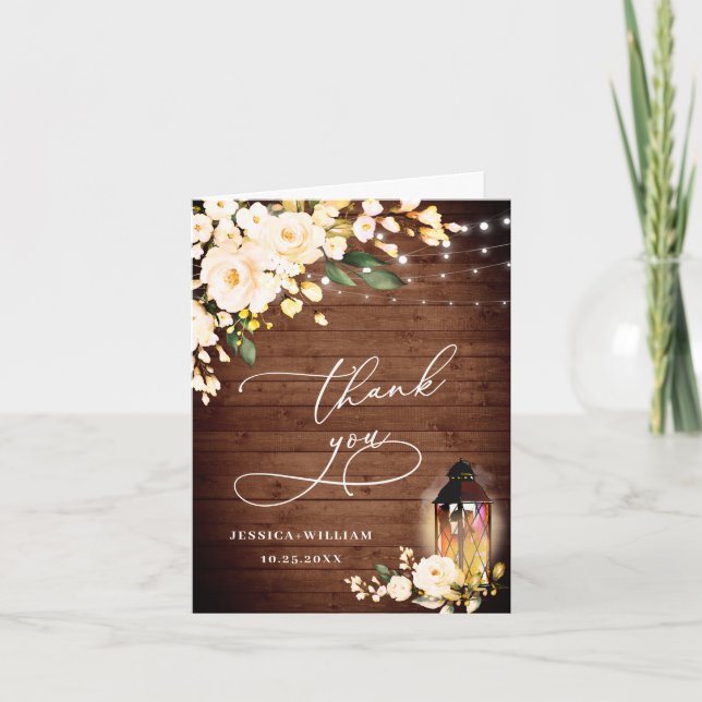 Elegant Blush Roses Rustic Wood Lantern Thank You Card (Front)