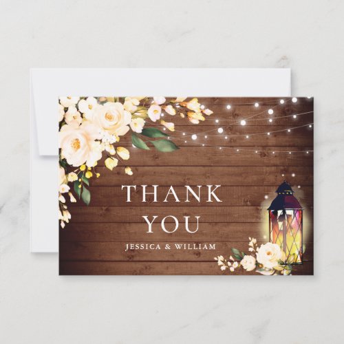 Elegant Blush Roses Rustic Wood Lantern Thank You Card