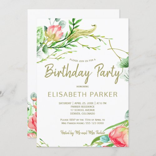 Elegant blush sage garden roses birthday party invitation