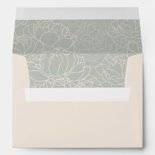 Elegant Blush & Sage Green Wedding 5x7 Invitation Envelope - Designed to coordinate with our Romantic Script wedding collection, this customizable matching Invitation envelope features a coloured solid neutral blush envelope with black text and botanical line art pattern set on a sage green background on the inside. To make advanced changes, please select "Click to customize further" option under Personalize this template.