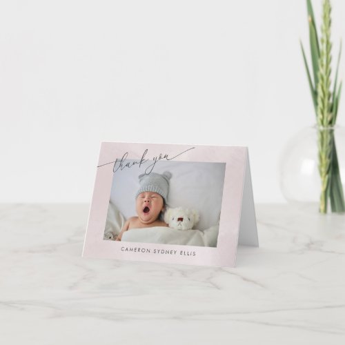 Elegant Blush Script Baby Birth Two Photo Folded Thank You Card