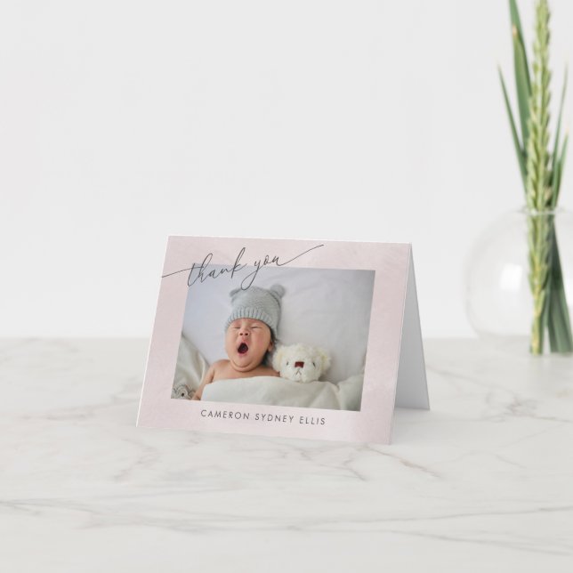 Elegant Blush Script Baby Birth Two Photo Folded Thank You Card (Front)