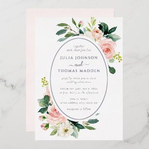 Elegant Blush Silver Floral Wedding Foil Invitation