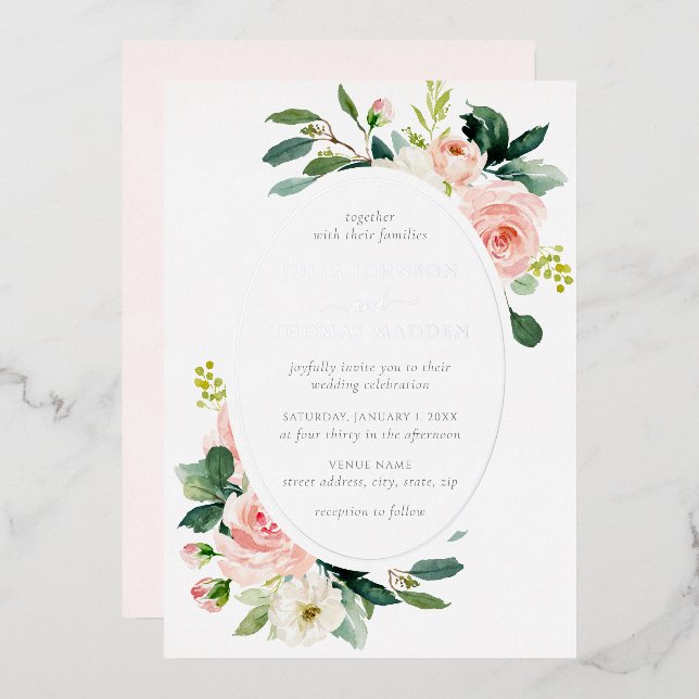 Elegant Blush Silver Floral Wedding  Foil Invitation (Front/Back)