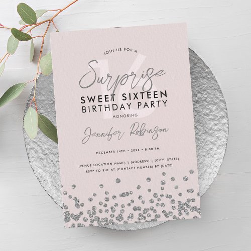 Elegant Blush Silver Glitter Surprise Sweet 16  Invitation