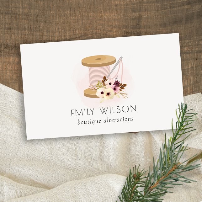 Elegant Blush Spool Needle Watercolor Flora Tailor Business Card (Creator Uploaded)