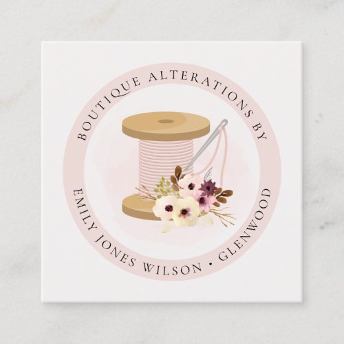 Elegant Blush Spool Needle Watercolor Flora Tailor Square Business Card